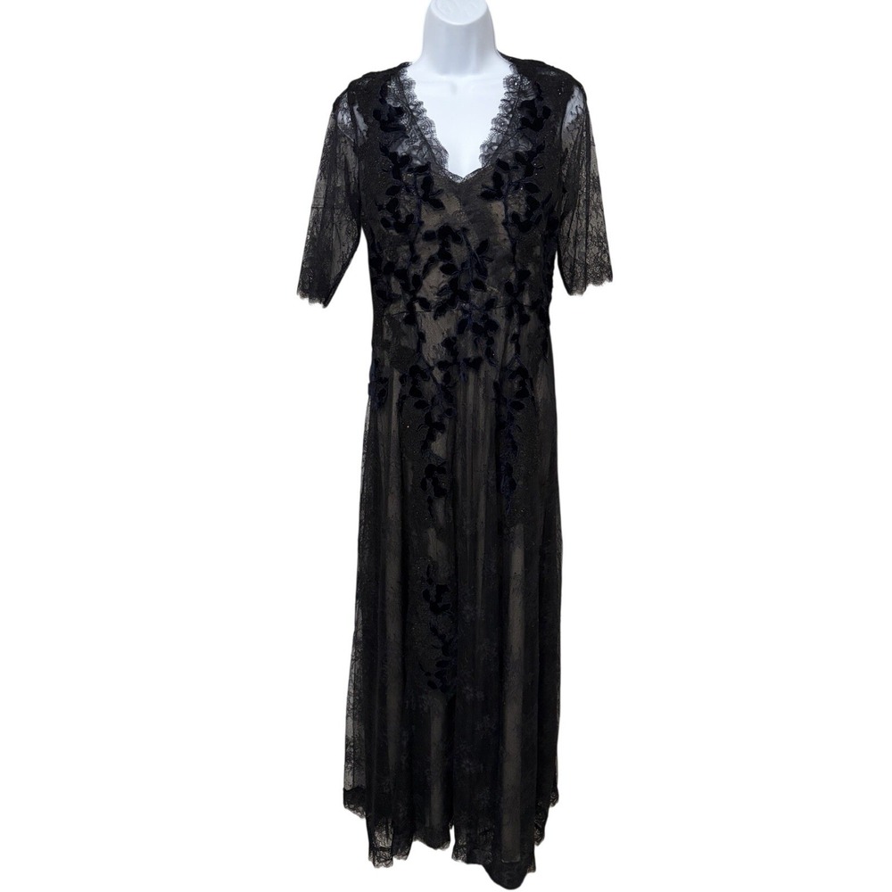 Lace Velvet Floral Whimsigoth Formal Maxi Dress 6 Gala Rickie Freeman Teri Jon